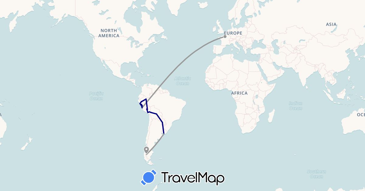 TravelMap itinerary: driving, plane, hiking in Argentina, Bolivia, France, Peru, Paraguay, Uruguay (Europe, South America)