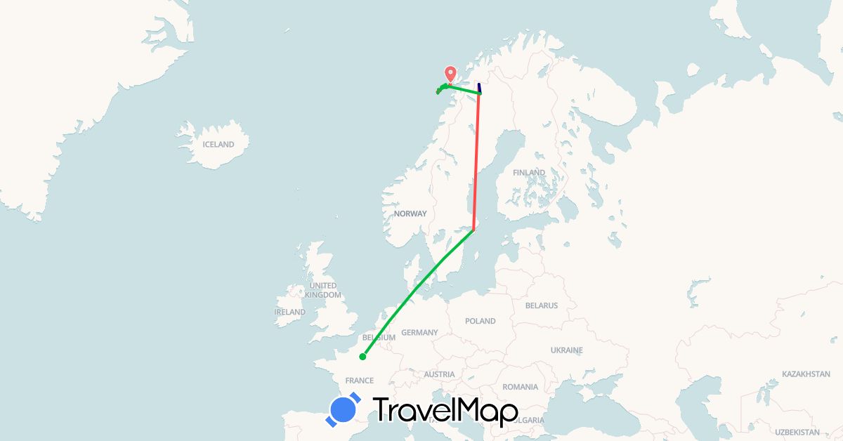 TravelMap itinerary: driving, bus, plane, hiking in France, Norway, Sweden (Europe)