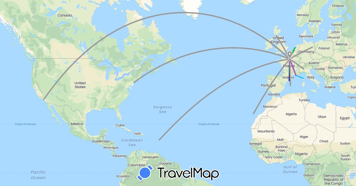 TravelMap itinerary: driving, bus, plane, train, boat in Germany, Spain, France, United Kingdom, Ireland, Italy, Netherlands, United States (Europe, North America)